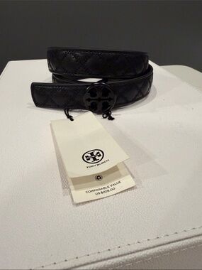 Tory Burch Black Quilted Logo Buckle Belt